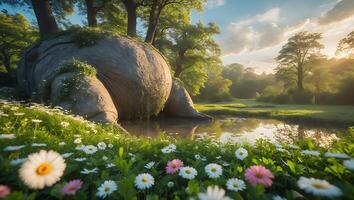 Lush Meadow with Flowers and Unique Boulder Beside a Pond photo