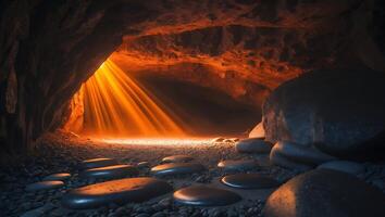 Sunlight Streaming Into Dark Cave with Rocks and Stone Pathway photo
