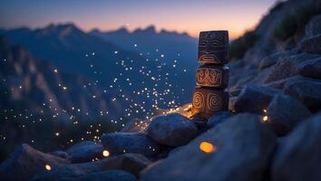 Stacked Totem on Rocky Hillside with Sparkles and Mountain View photo