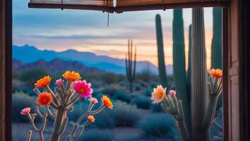 Blooming Cactus Flowers with Desert Mountain View Through Rustic Window photo