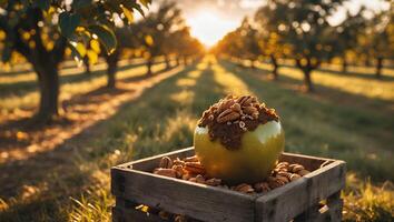 Caramel Apple Topped with Nuts in Orchard with Sunlight photo