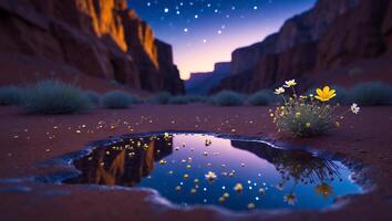 Reflecting Night Sky in Desert Puddle with Yellow Flowers Bloom photo