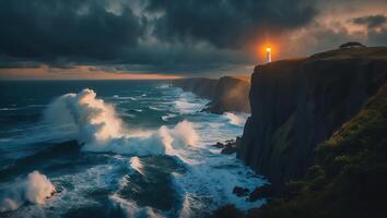 Dramatic Coastal Landscape with Lighthouse at Sunset and Crashing Waves photo
