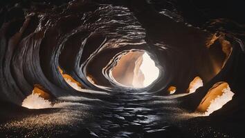 Exploring Dark Cave with Rock Formations and Bright Light at End photo