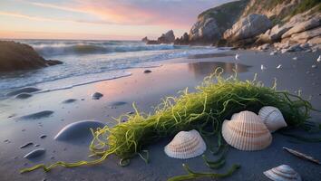 Seashells and Seaweed on Sandy Beach at Sunset Coastal Scene photo