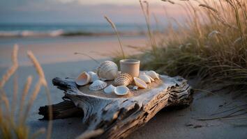 Seashells and Ceramic Cup on Driftwood at Sandy Beach photo