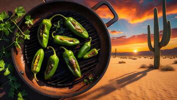 Grilling Stuffed Peppers in Desert Landscape with Vivid Sunset Sky photo
