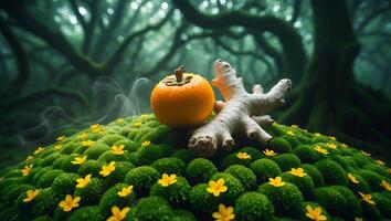Persimmon and Ginger Root on Mossy Hill with Yellow Flowers photo
