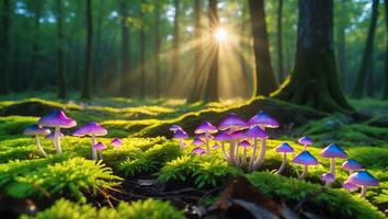 Glowing Mushrooms Growing in Forest with Sunbeams and Green Moss photo