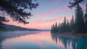 Calm Lake Reflecting Pink Sky with Forest and Mist at Dusk photo