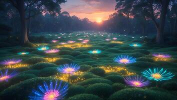 Glowing Flowers Field at Twilight Forest Landscape with Colorful Light photo