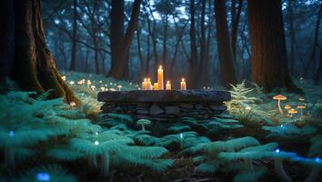 Candles Burning on Stone Table in Enchanted Forest at Dusk photo