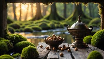 Nuts and Decorative Vase on Wooden Table in Forest Scene photo