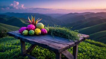 Arrangement of Exotic Fruits on Rustic Table with Mountain Vista photo