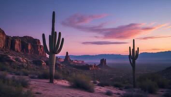 Desert Landscape with Cactus Silhouettes Against a Vibrant Sunset Sky photo