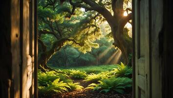 Entering a Lush Green Forest Through Old Wooden Door Opening photo
