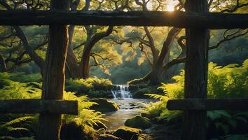 Waterfall Flowing Through Lush Forest Viewed Through Wooden Fence photo