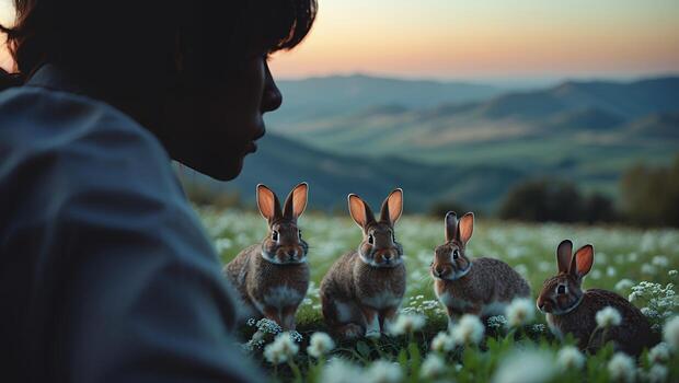 Person Watching Wild Rabbits in Meadow at Sunset with Soft Light photo