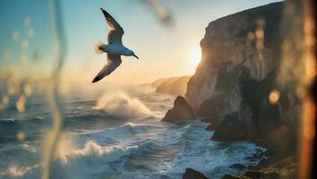 Seagull Flying Over Rocky Coastline During Golden Sunset Hour photo
