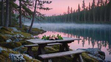 Figs on Picnic Table Overlooking Calm Lake at Forest Edge photo