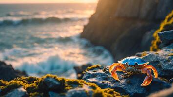 Crab on Rocky Shoreline with Ocean Waves at Sunset photo