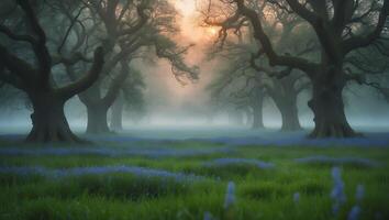Foggy Forest Glade with Bluebells and Sunlight Shining Through photo