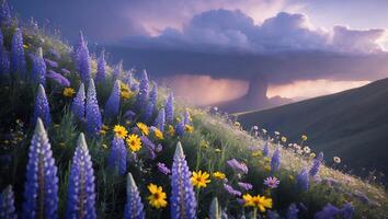 Wildflower Meadow with Lupine and Dramatic Sky Over Rolling Hills photo