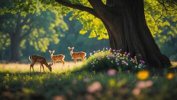 Deer Grazing in a Sunny Meadow Near a Large Tree photo