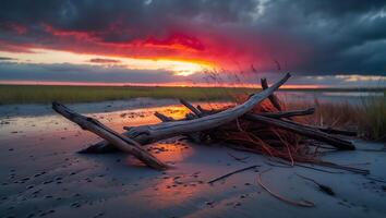 Driftwood on Beach at Sunset with Colorful Sky and Water Reflection photo