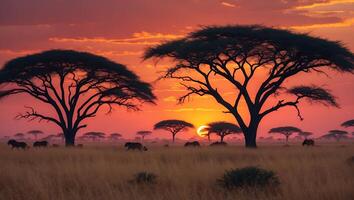 African Savannah at Sunset with Trees and Wild Animals photo