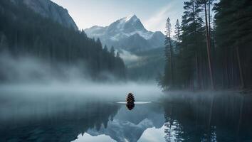 Pine Cone Floating on Mountain Lake with Fog and Reflections photo