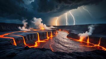 Lava River Flowing Under a Stormy Sky with Lightning Strikes photo