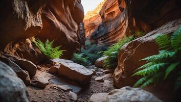 Hiking Through a Narrow Canyon with Ferns and Rocky Terrain photo