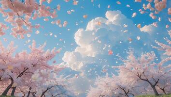 Cherry Blossom Petals Falling Under Bright Blue Sky and White Clouds photo