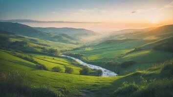 River Flowing Through Green Valley Hills at Sunrise with Gentle Light photo