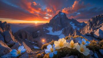 Scenic Mountain Landscape with Flowers at Sunset and Colorful Sky photo