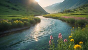 Flowing River Through Grassy Valley with Wildflowers and Mountain Backdrop photo