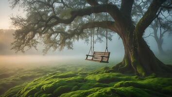 Hanging Swing on Old Tree with Mossy Ground and Fog photo