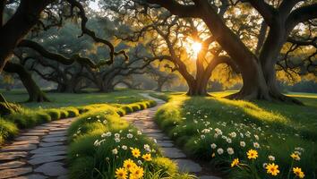 Walking Path Through Grassy Field with Trees and Sunlight photo