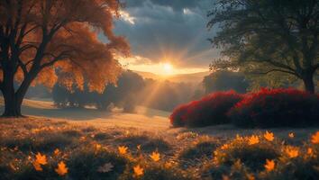 Sunset Over Countryside Meadow with Trees and Golden Fallen Leaves photo