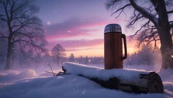 Thermos on Snow Covered Log at Winter Sunset Landscape photo
