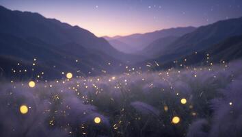 Dreamy Field Landscape with Glowing Lights and Distant Mountains photo