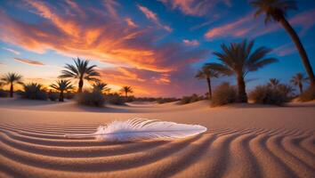 White Feather Resting on Desert Sand with Palm Trees at Sunset photo