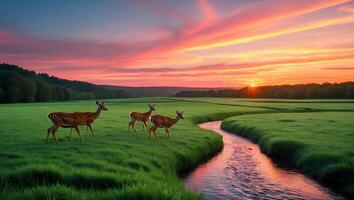 Deer Graze Peacefully Along a Winding Stream Under a Vibrant Sunset photo