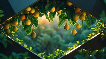 Hanging Fruits and Green Leaves Seen Through Geometric Frame photo