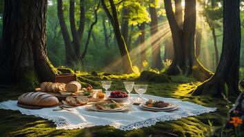 Enjoying Picnic in a Sunlight Forest Glade with Bread and Wine photo