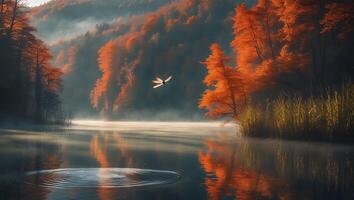 Dragonfly Flying Over Calm Lake with Autumn Foliage Reflection Scene photo