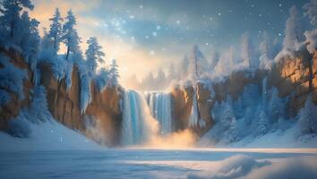 Frozen Waterfall Scenery with Snow Covered Trees and Cliffside View photo