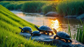 Turtles Basking on a Rock Near the River During Sunset photo