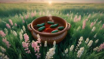 Cooking Pot with Green Chili Peppers in Flower Field at Sunset photo
